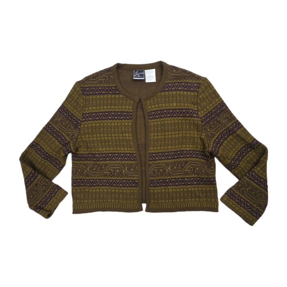 Vtg NINA LEONARD Lennie Fair Isle Cardigan Sweater Olive Green Purple Romania L